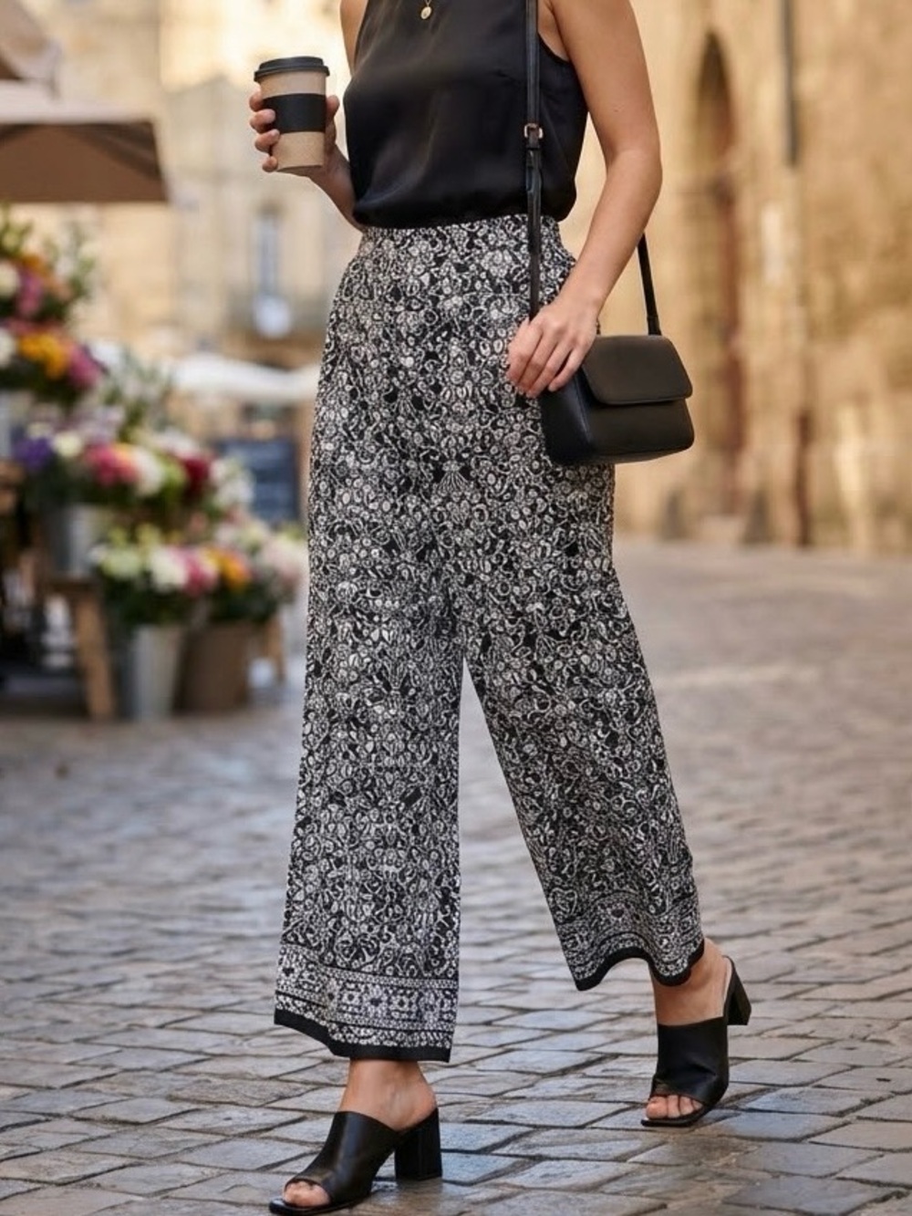 Max Studio Black White Baroque Print Wide-Leg Palazzo Pants Boho Quite Luxury L